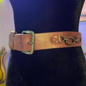 Vintage Wide Leather Belt with Brass Buckle & Chain Detail
